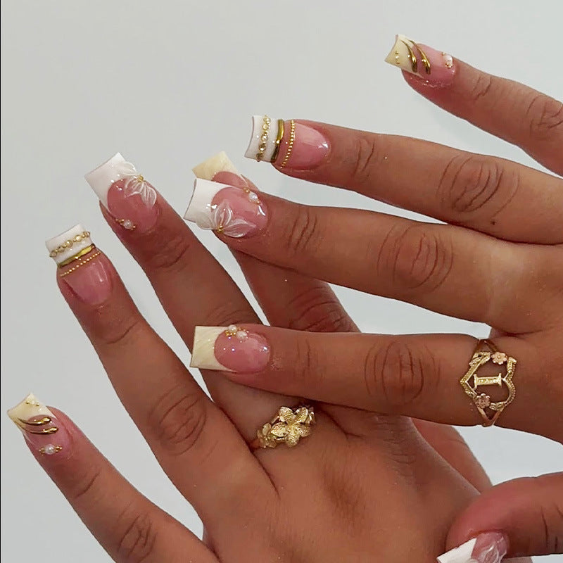 Elegant Glamour Short Square White and Gold Accented Press On Nail Set