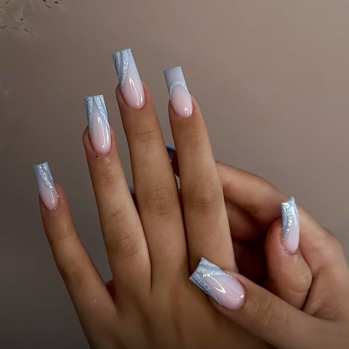 Oceanic Dream Long Square Blue Ombre with Glitter Accent Press On Nail Set