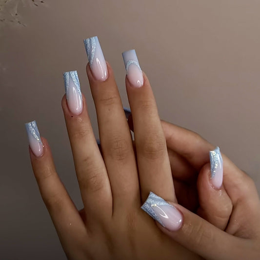 Oceanic Dream Long Square Blue Ombre with Glitter Accent Press On Nail Set