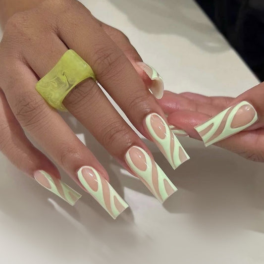 Citrus Dream Long Square Mint Green Press On Nails with Unique Curved Line Design