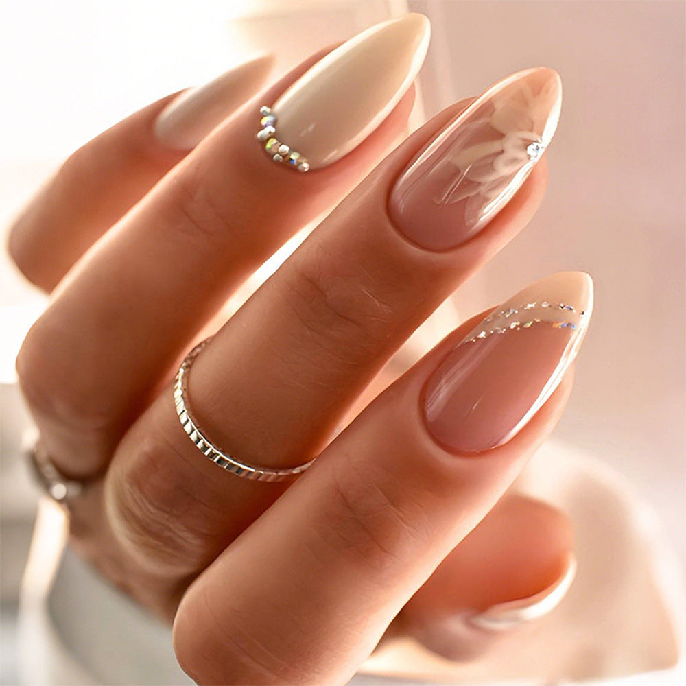 Elegant Floral Inspired Short Almond Neutral Press On Nail Set with Rhinestone Accent