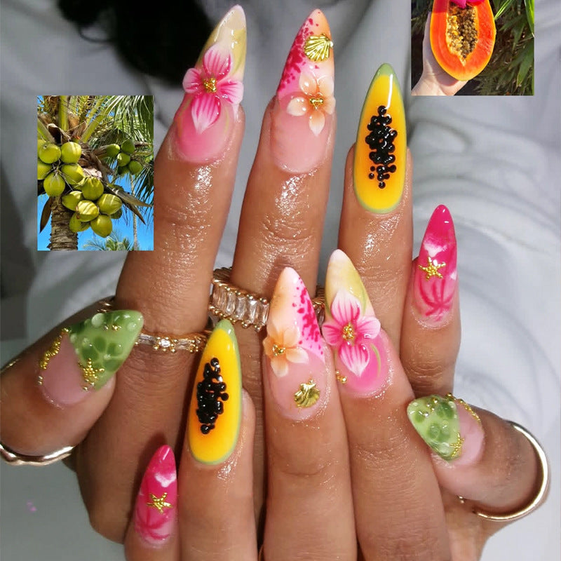 Tropical Paradise Medium Almond Vibrant Floral Design Press On Nail Set