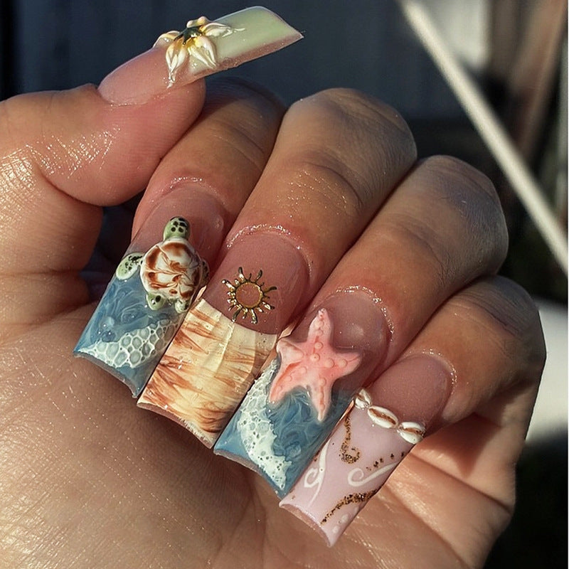 Beach Vibes Long Square Ocean-Themed Press On Nail Set