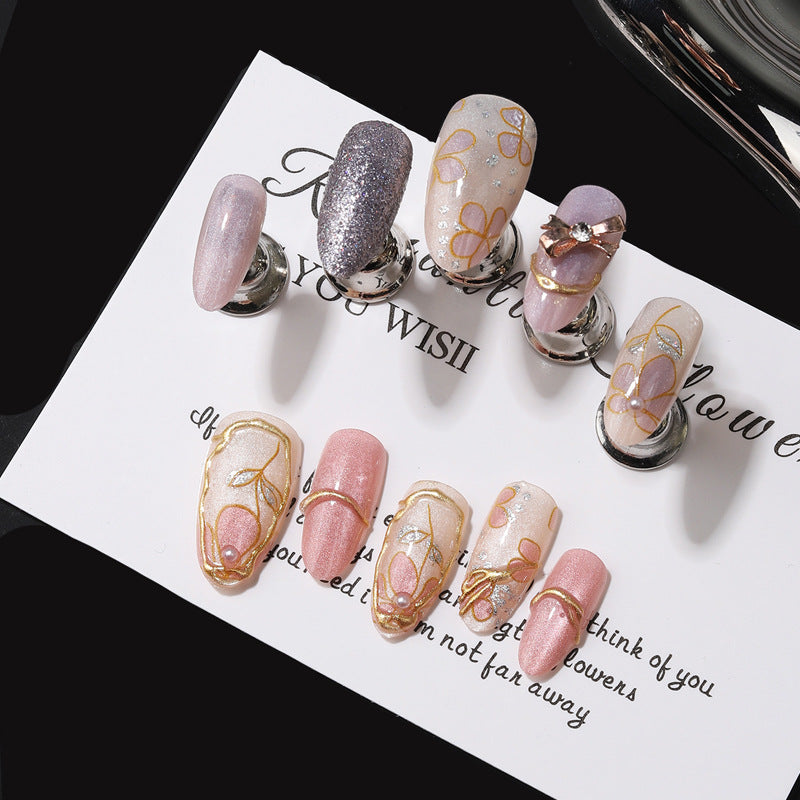 Floral Elegance Short Almond Pink with Delicate Ribbon Accent Press On Nail Set