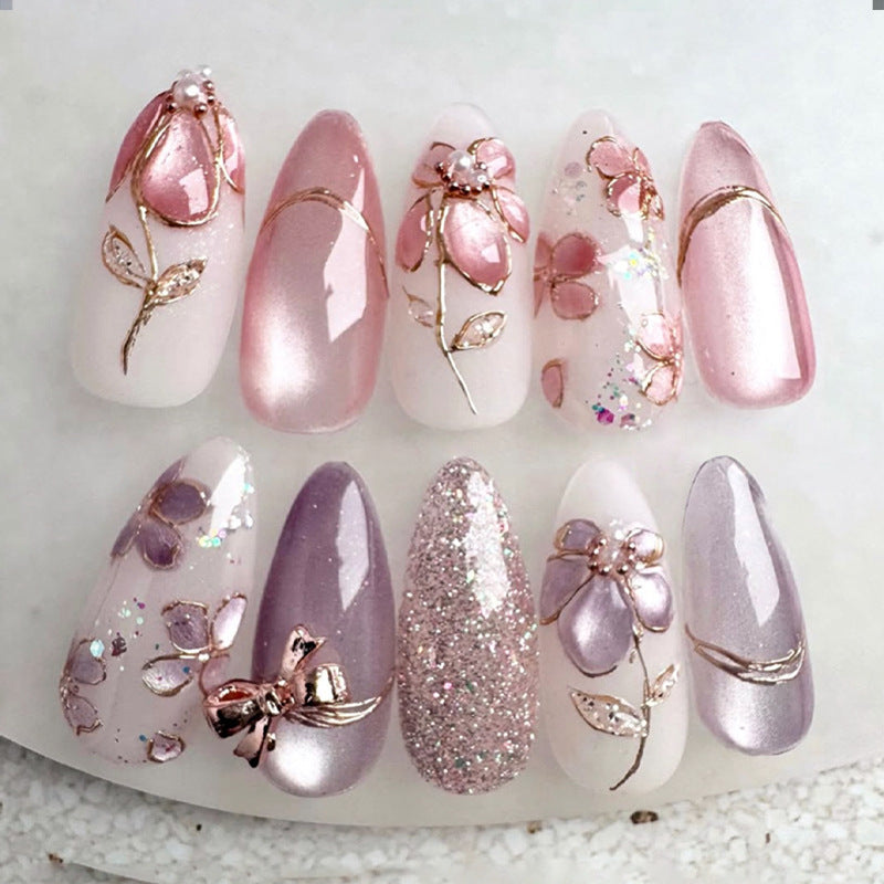 Whimsical Floral Delight Medium Almond Pink Ombre with Glittering Accents Press On Nail Set