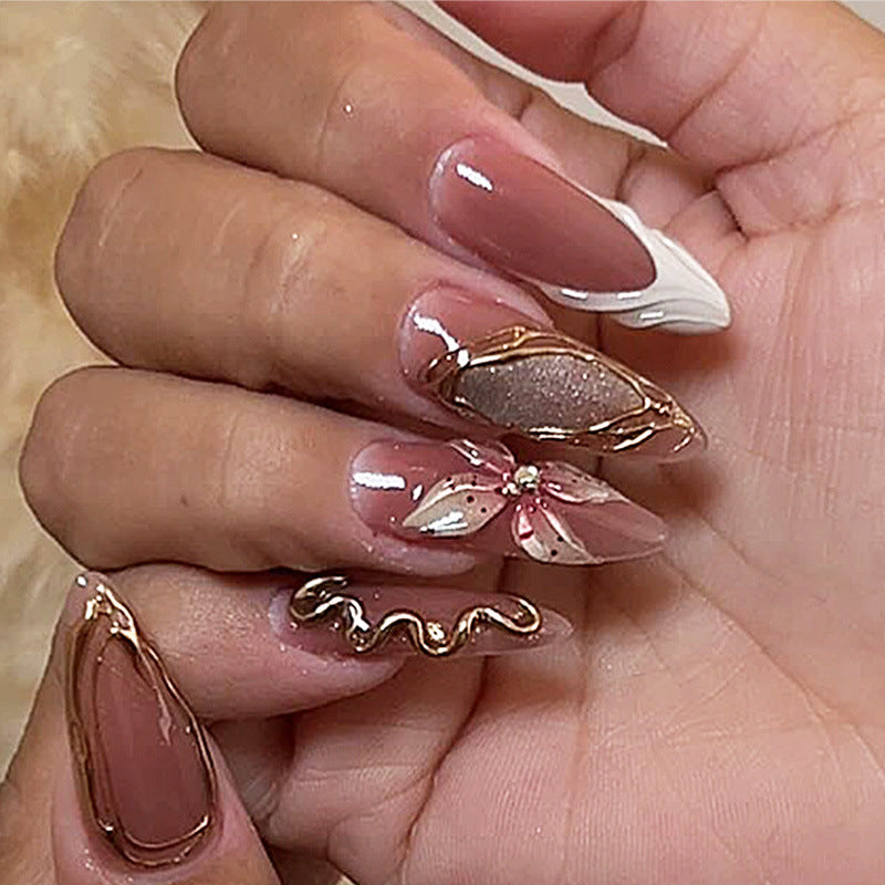 Elegant Blossom Long Almond Beige with Unique Gold Accents