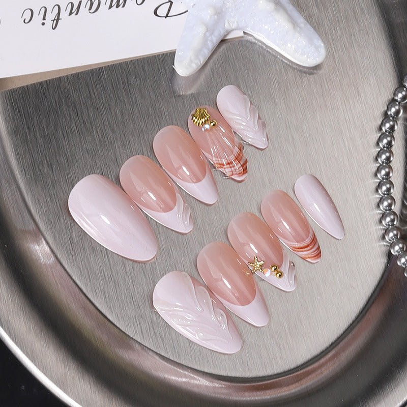 Ocean Breeze Short Almond Blush Pink Press On Nail Set with Unique Shell Accents