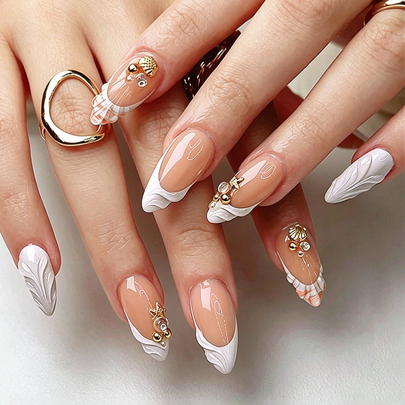 Coastal Elegance Medium Almond White and Gold Press On Nail Set with Unique Shell and Pearl Designs