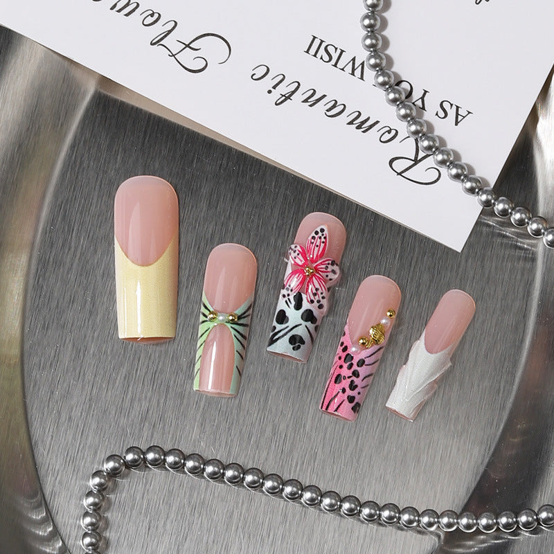 Tropical Vibes Long Square Pink Floral Print Press On Nail Set