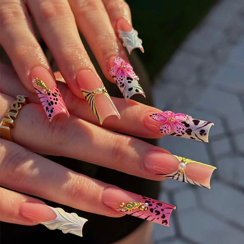 Tropical Paradise Long Square Pink Floral Accent Press on Nail Set