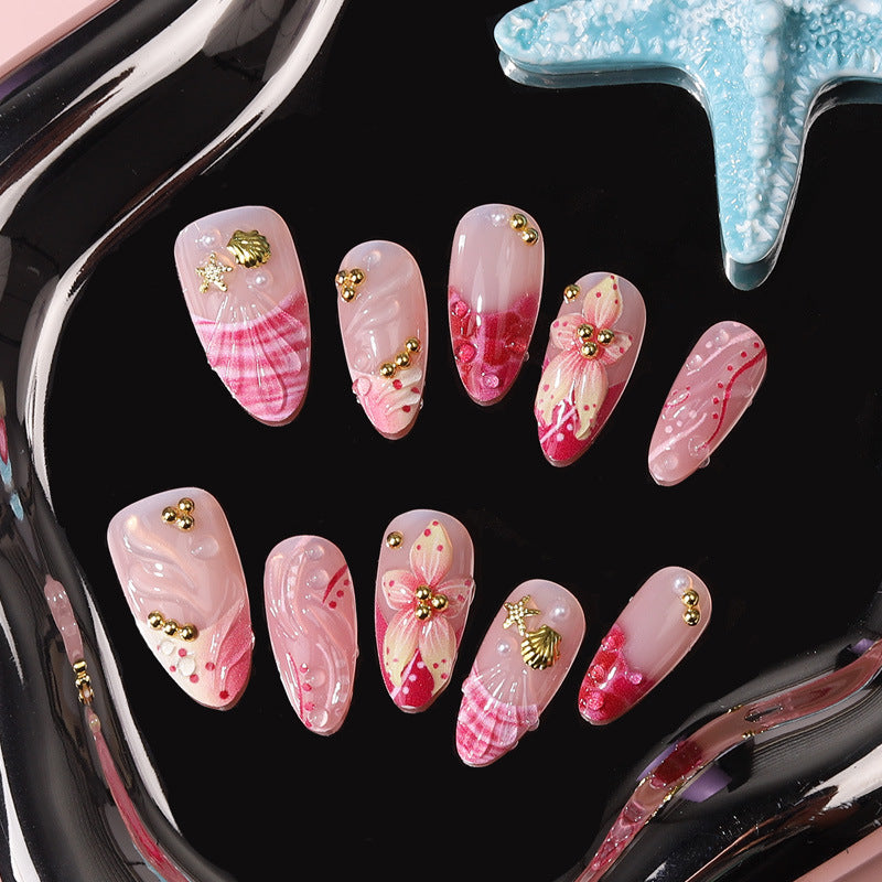 Oceanic Elegance Long Square Pink Floral Design Press On Nail Set