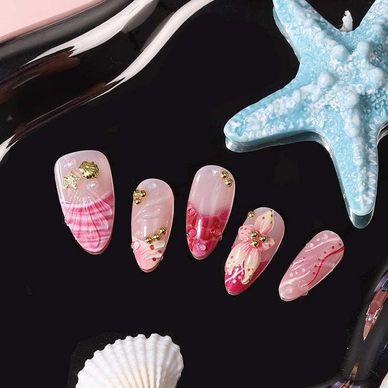 Ocean Breeze Short Almond Pink Press On Nail Set with Unique Shell Design