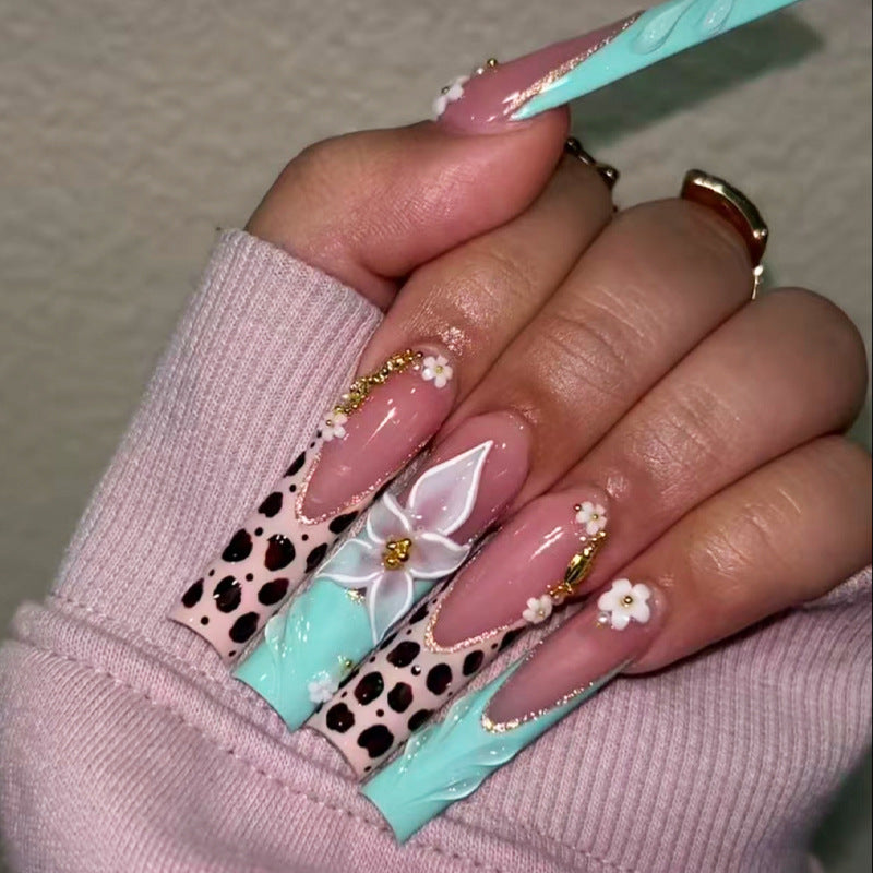 Tropical Elegance Long Square Mint and Pink Floral Press On Nail Set