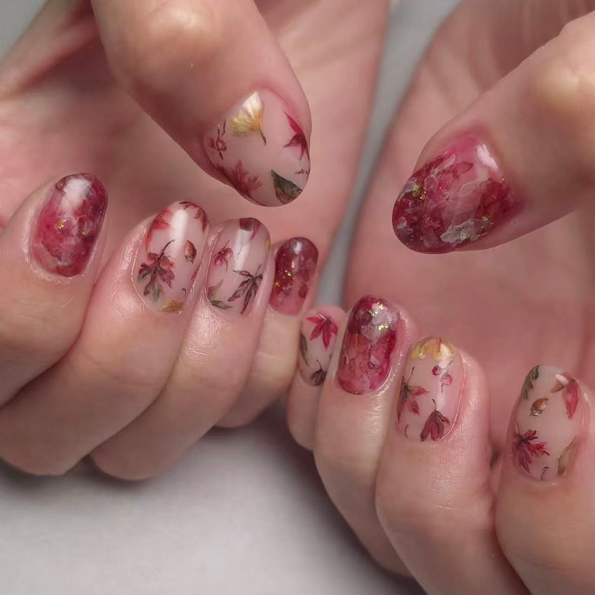 Autumn Elegance Short Round Burgundy Floral Press On Nail Set with Glitter Accents