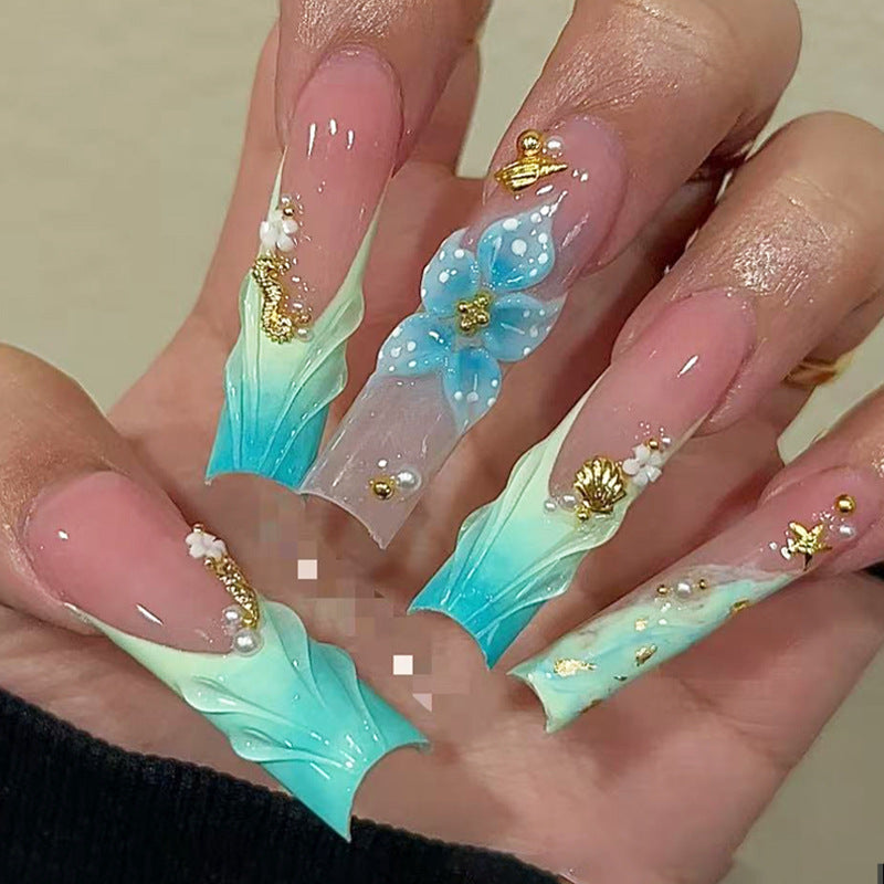 Ocean Breeze Long Square Pastel Press On Nail Set with Floral Accents