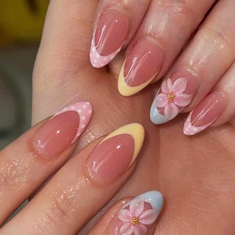 Whimsical Floral Medium Almond Pastel Nail Set with Charming Flower Accents