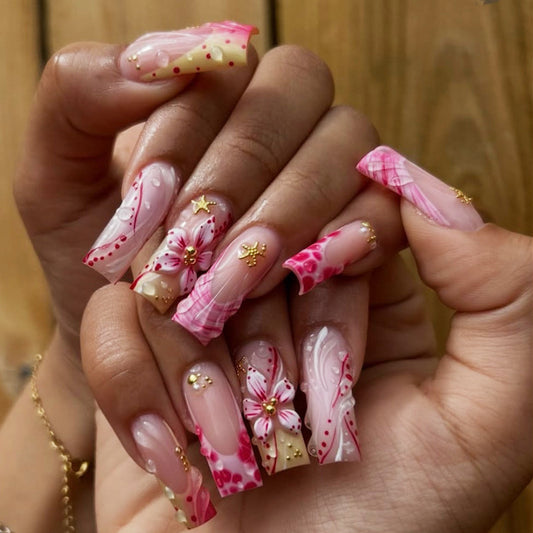 Blossoming Romance Long Square Pink Floral Nail Set with Sparkling Details