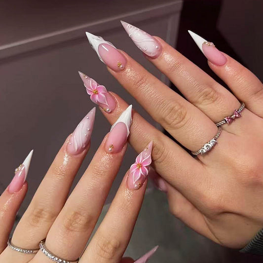 Floral Fantasy Medium Stiletto Pink Press On Nail Set with Elegant Floral Art