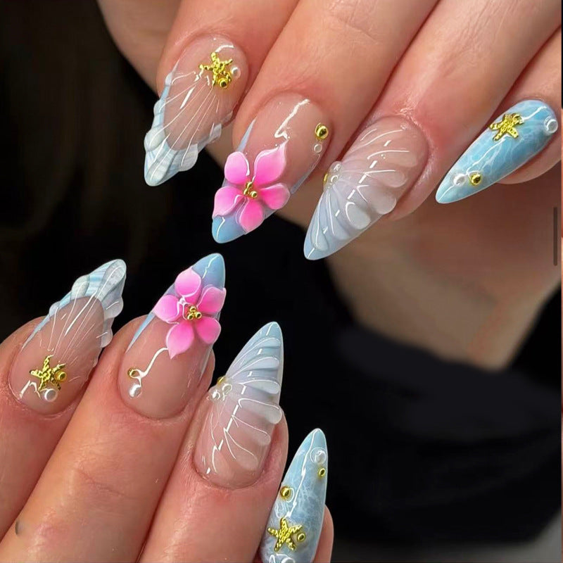 Tropical Bliss Medium Almond Blue and Pink Floral Press On Nail Set