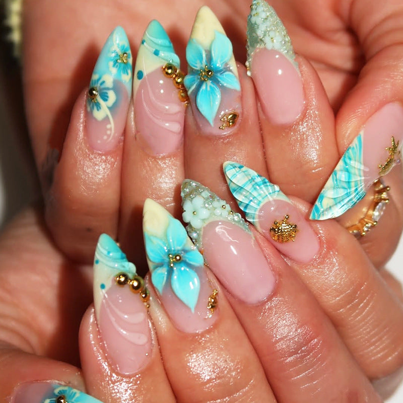Tropical Escape Medium Almond Turquoise with Floral Accents Press on Nail Set