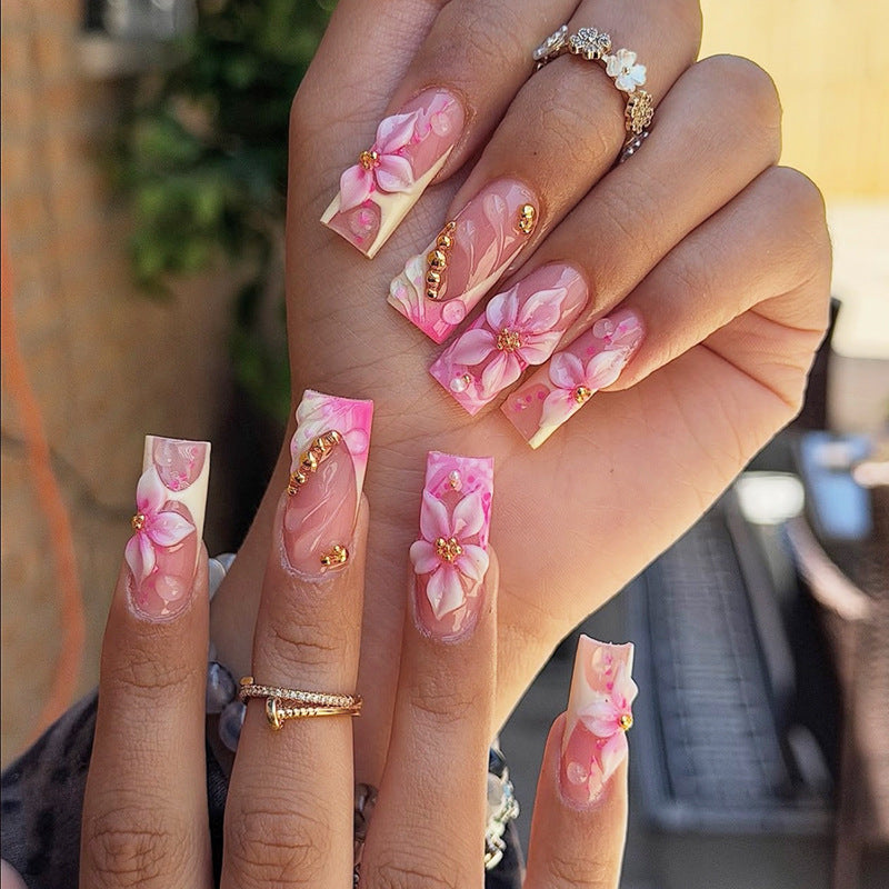 Floral Elegance Long Square Pink with Floral Accents Press On Nail Set