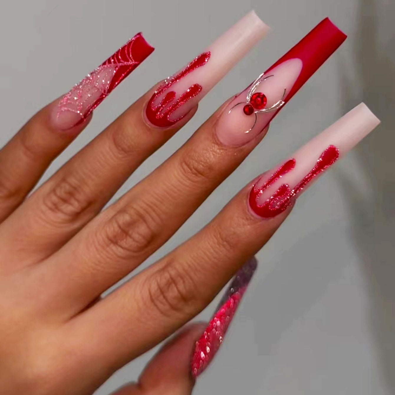 Spooky Glam Long Square Press On Nails Red Ombr‚àö¬© with Glitter and Spider Accent