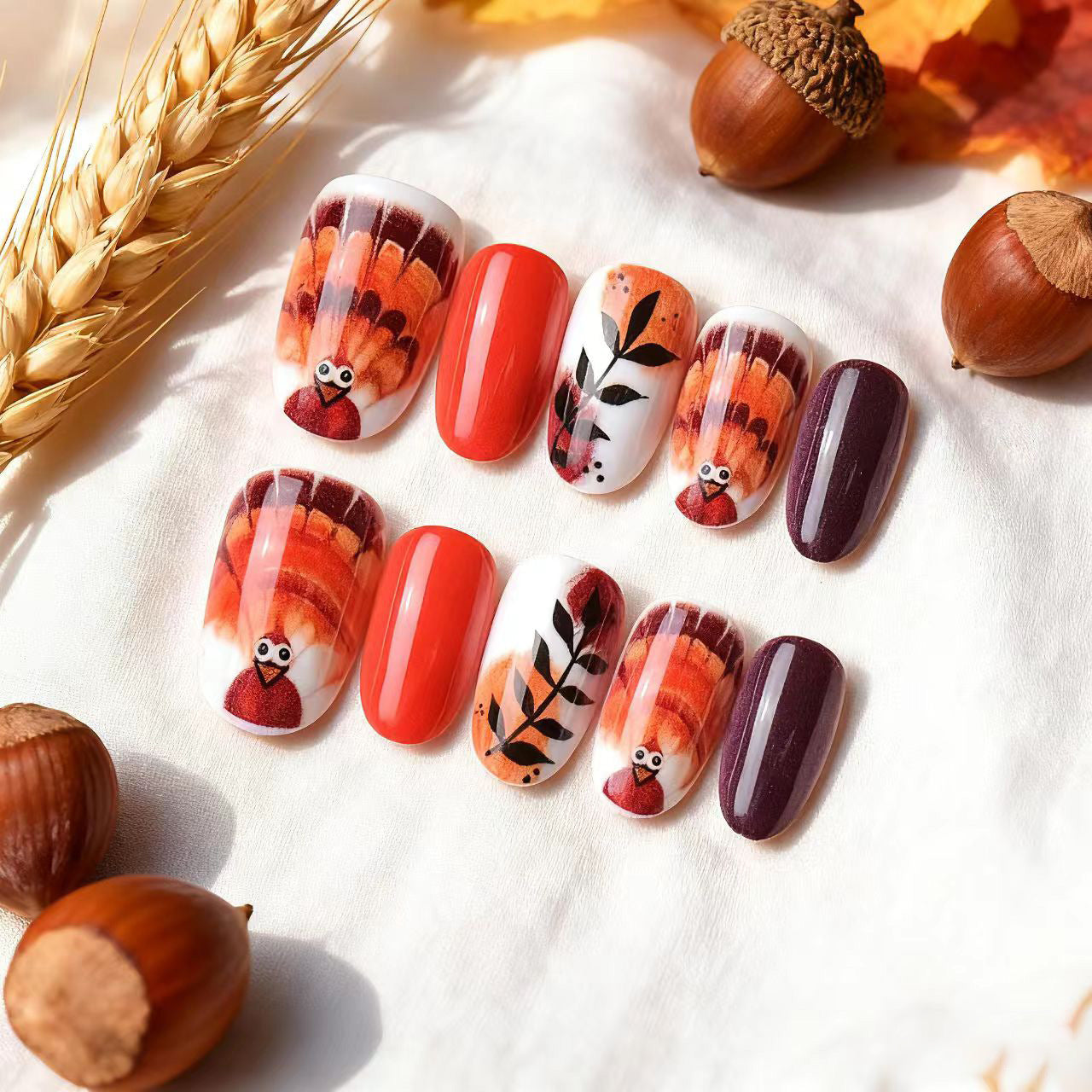 Autumn Splendor Short Round Pumpkin Art Press On Nail Set
