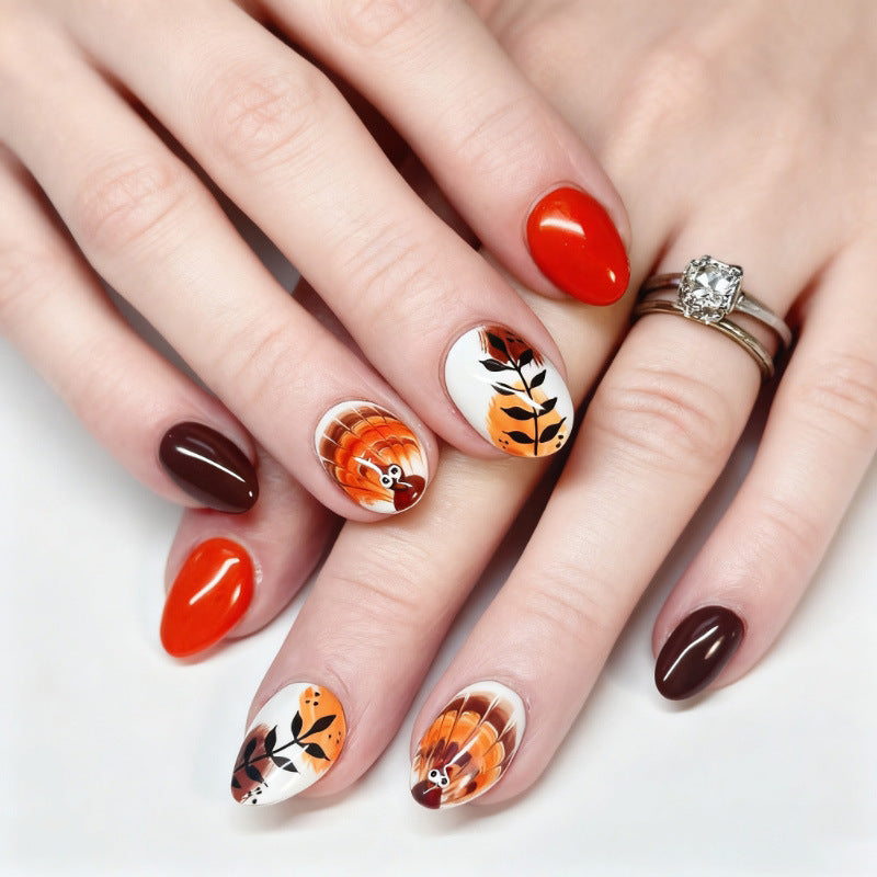 Autumn Elegance Short Round Orange and Brown Floral Press On Nail Set