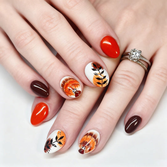 Autumn Elegance Short Round Orange and Brown Floral Press On Nail Set