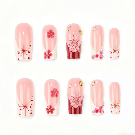 Blossom Elegance Medium Square Pink Nails with Floral Accents