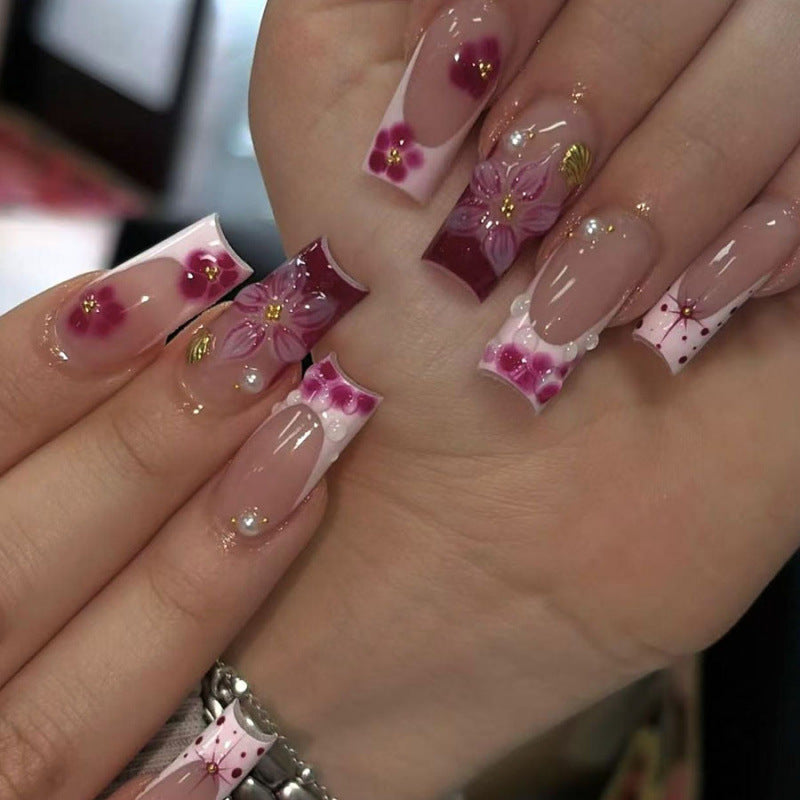 Blossoming Elegance Long Square Pink Floral Press On Nail Set