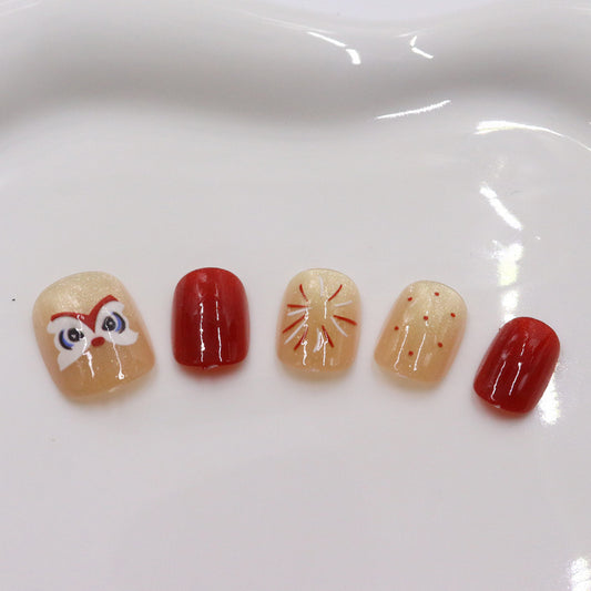 Festive Flair Short Square Red and Gold Design Press On Nail Set