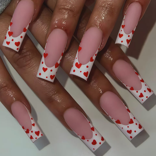 Love Story Long Square Pink and White Heart Pattern Press On Nail Set