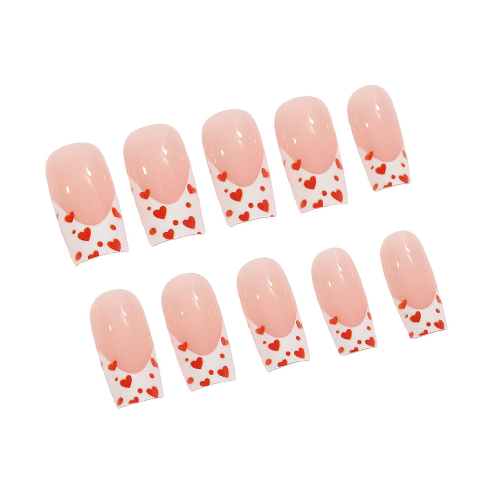 Love Blossoms Elegant Long Square Press On Nail Set in Soft Pink Featuring Adorable Red Hearts Design