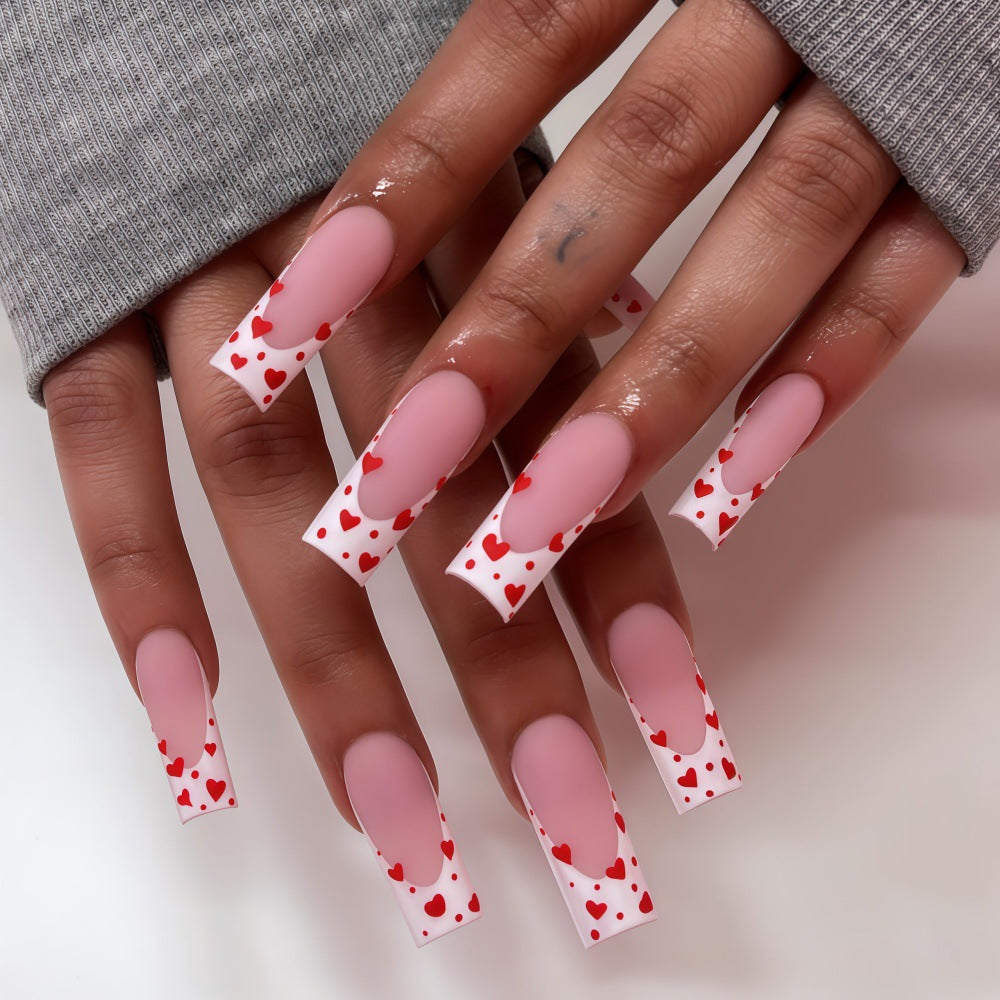 Romantic Love Heart Long Square Long Pink and White Press On Nail Set with Delightful Heart Accents
