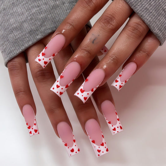 Romantic Love Heart Long Square Long Pink and White Press On Nail Set with Delightful Heart Accents