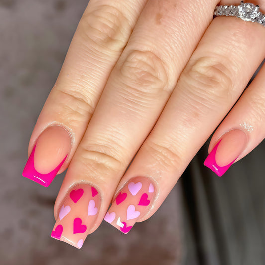 Heartfelt Elegance Medium Square Hot Pink with Playful Heart Patterns Press On Nail Set