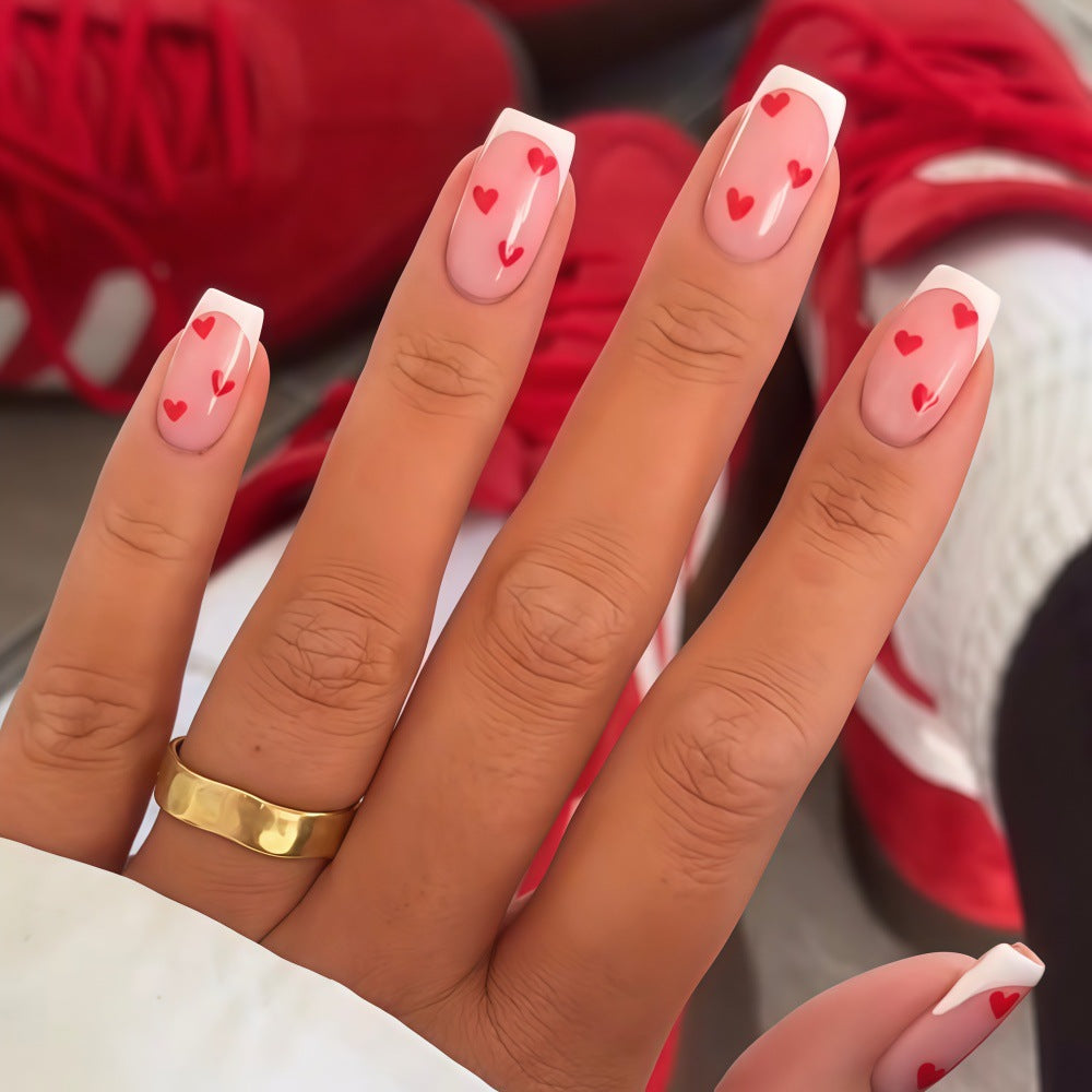 Love Inspired Elegant Medium Square Pink Press On Nail Set with Charming Heart Accents