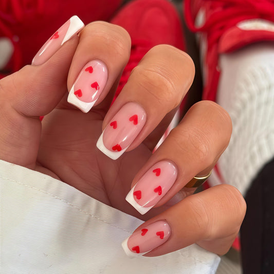 Cherished Love Theme Medium Square White and Pink Nails with Heart Designs