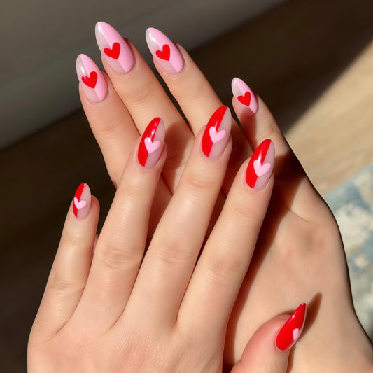 Romantic Heartbeat Long Almond Shaped Pink and Red Press On Nail Set with Charming Heart Designs