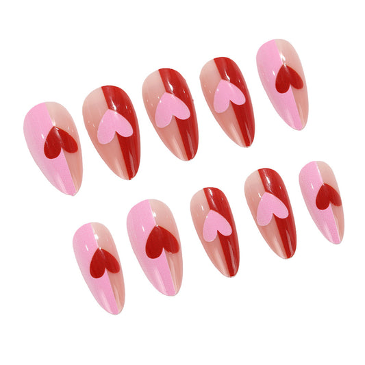 Romantic Heartbeat Long Almond Pink and Red Press-On Nail Set with Charming Heart Design
