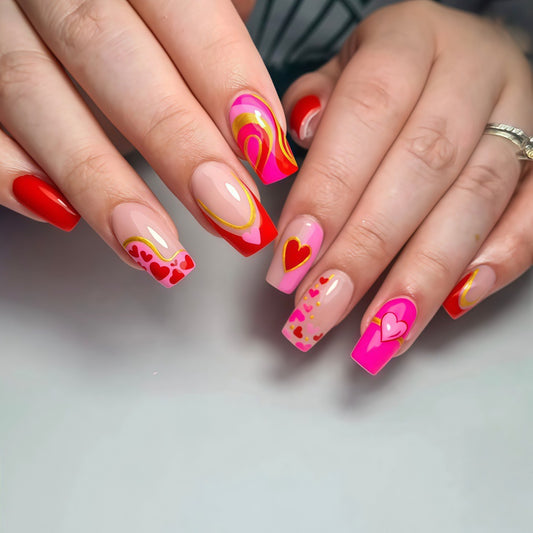 Romantic Heartfelt Long Square Red Pink with Charming Heart Designs Press On Nail Set