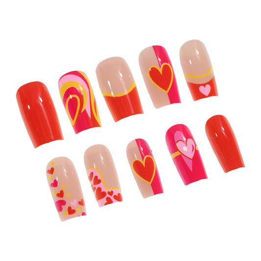 Romantic Hearts Long Square Red and Pink Press On Nail Set with Unique Heart Patterns