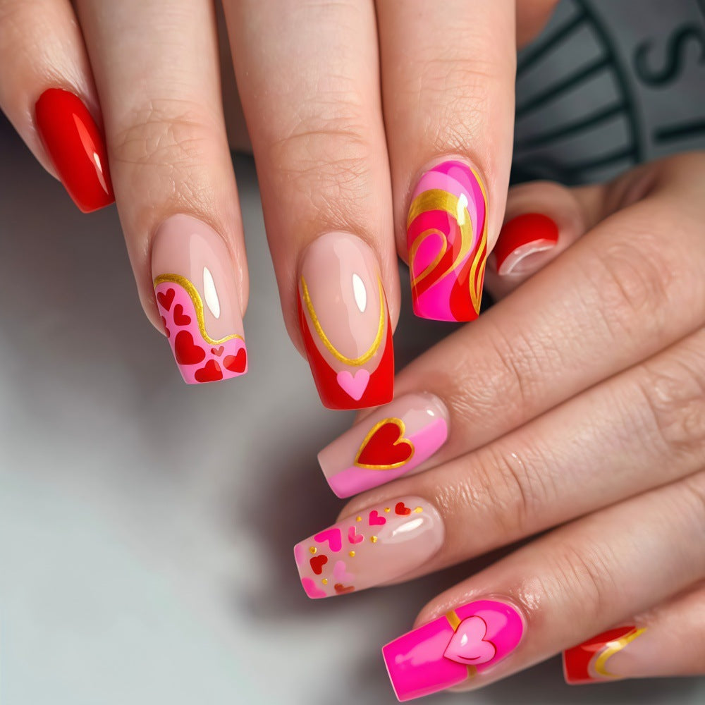 Romantic Aura Long Square Red Pink Heart Design Press On Nail Set