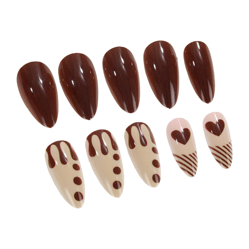 Chocolate Indulgence Long Almond Shaped Rich Brown and Cream with Sweet Drizzle Design Press On Nail Set