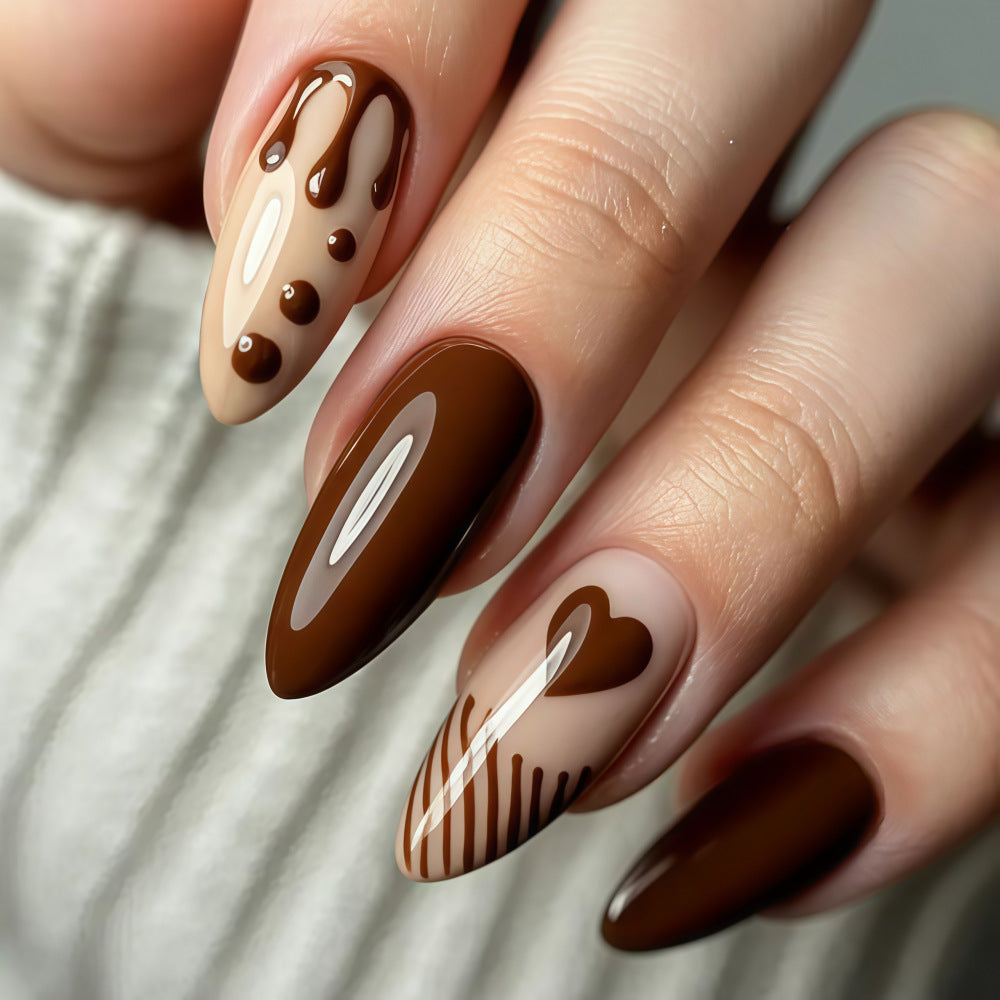 Chocolate Delight Long Almond Shape Brown and Beige with Dripping Heart Design Nail Set