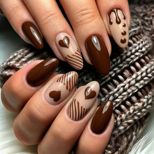 Chocolate Dream Long Almond Brown Press-On Nail Set with Heart and Drip Design