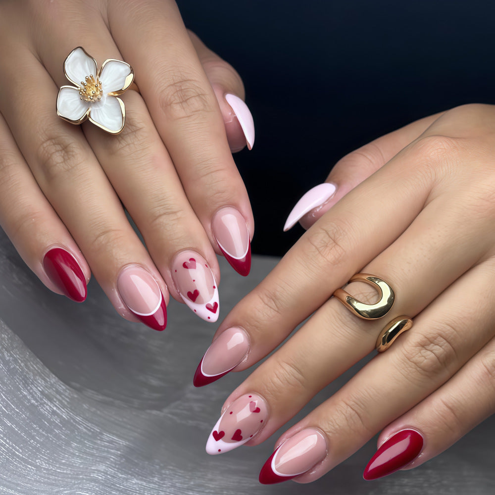 Romantic Heartfelt Long Almond Red and Pink Ombre Press on Nail Set