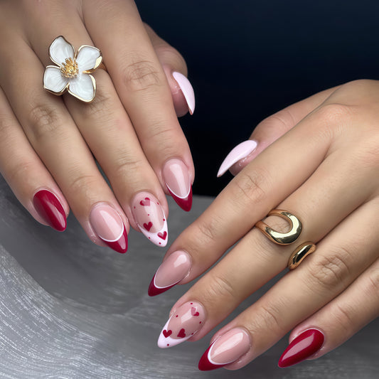 Romantic Heartfelt Long Almond Red and Pink Ombre Press on Nail Set