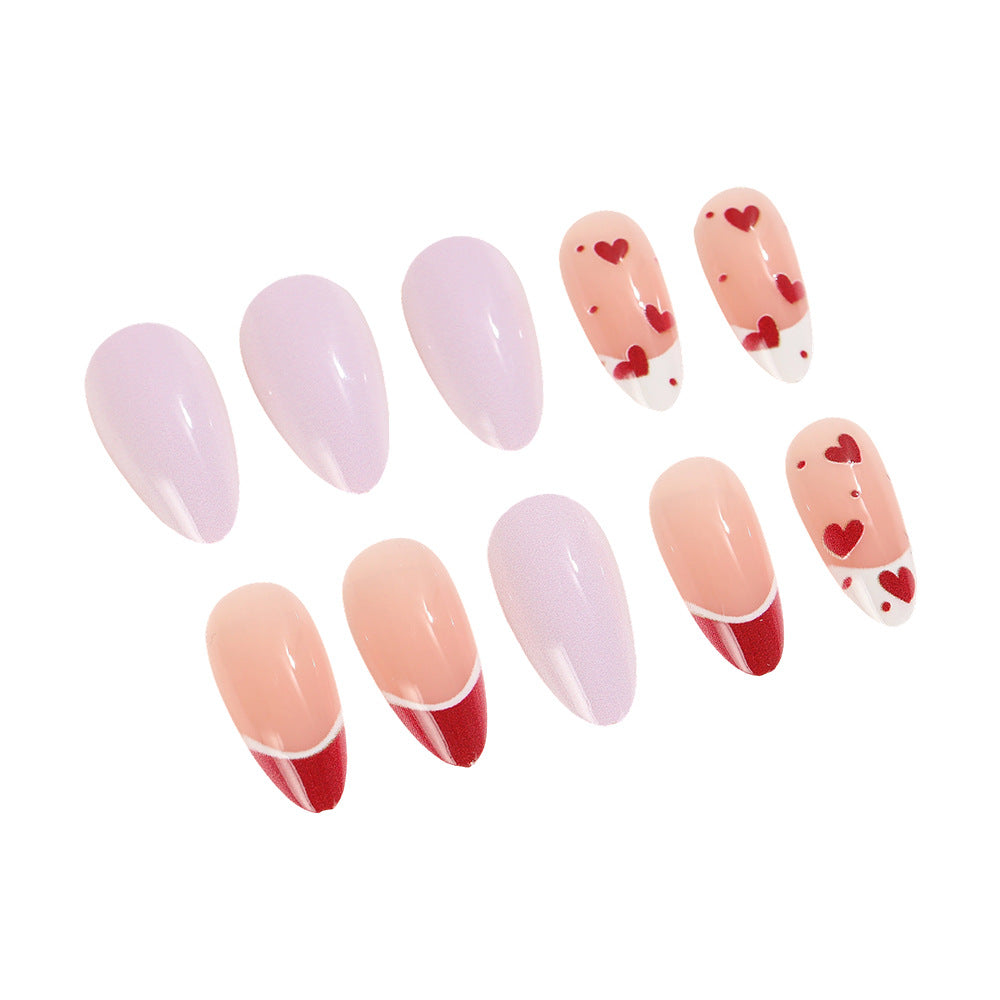 Romantic Charm Long Almond Shaped Long Lasting Lavender Pink and Heart Design Press On Nail Set